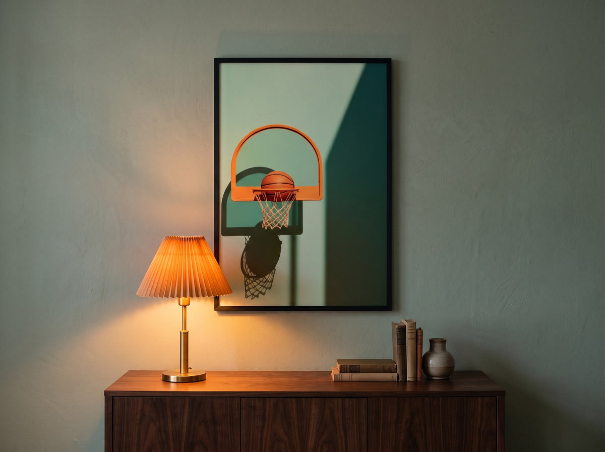 Minimalist spor posteri, yeşil duvarda pileli abajurun sıcak ışığı altında ceviz konsolun üzerinde