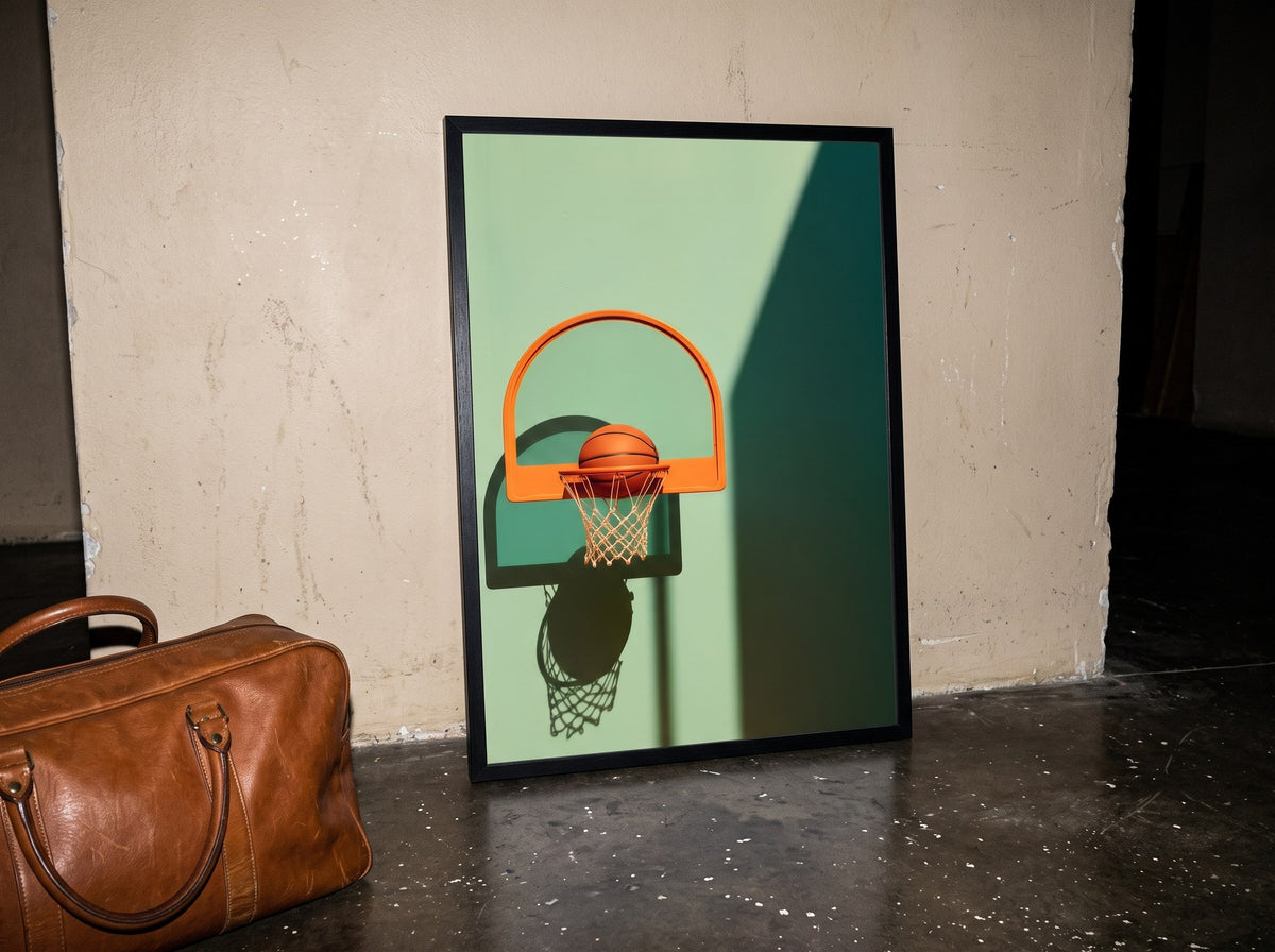 Basketbol temalı minimalist poster, beton zeminde duvara yaslanmış, deri spor çantasıyla endüstriyel köşede