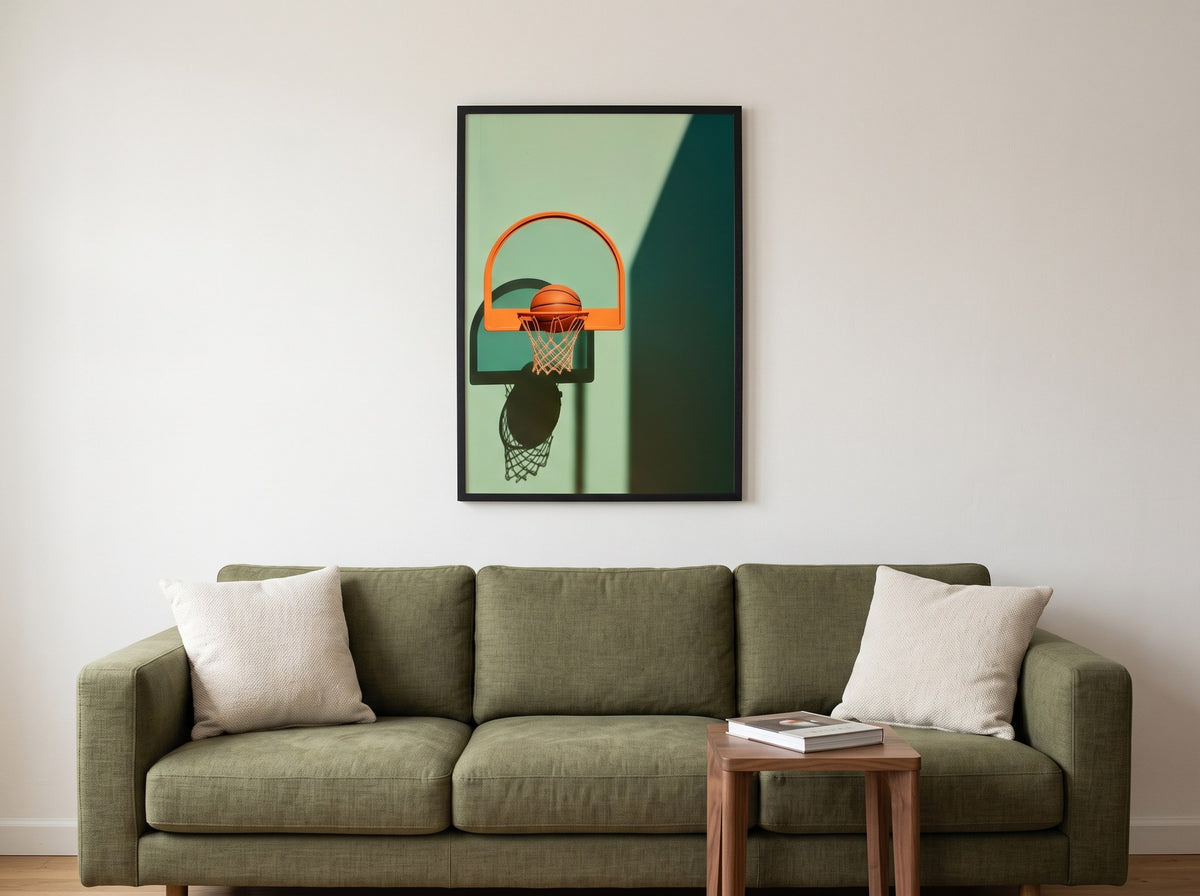 Yeşil minimalist basketbol posteri, salonda haki yeşil kanepenin üzerinde beyaz duvarda siyah çerçeveli