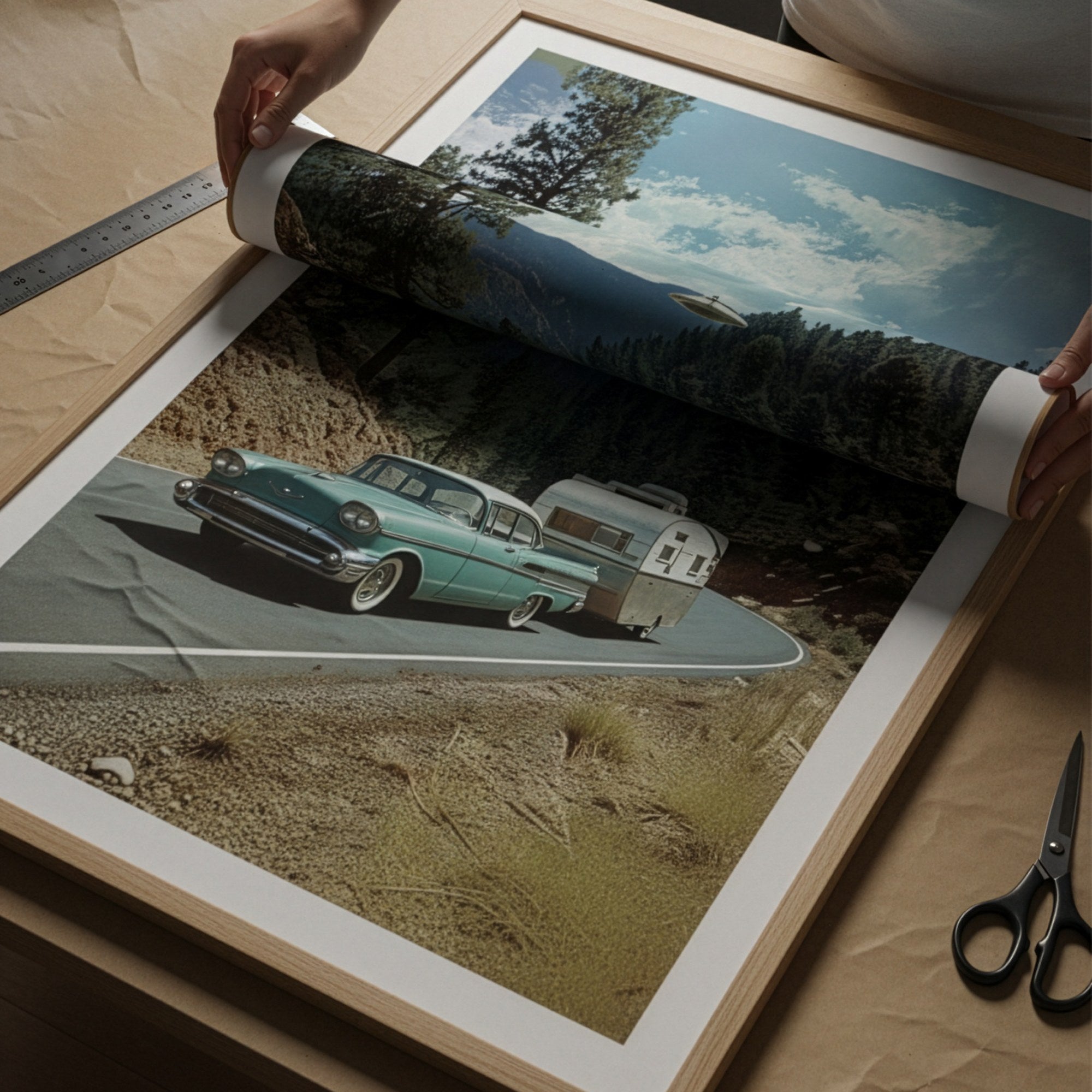 UFO temalı retro karavan posteri, çalışma masasının üzerinde paspartulu ahşap çerçeveli