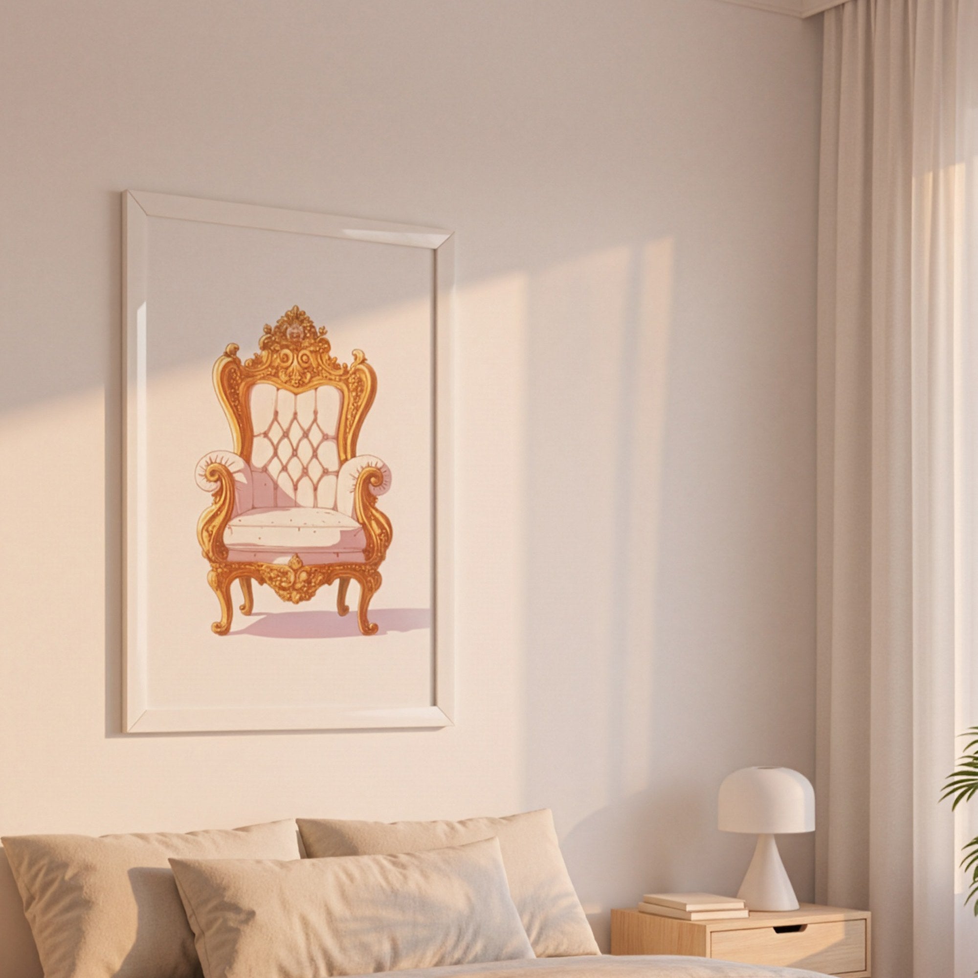 Vintage barok koltuk posteri, pudra rengi yatak odası duvarında beyaz çerçeveli
