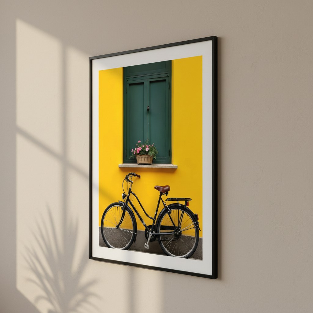 Vintage bisiklet ve çiçekli pencere posteri, siyah çerçeveli ve geniş paspartulu duvar dekoru