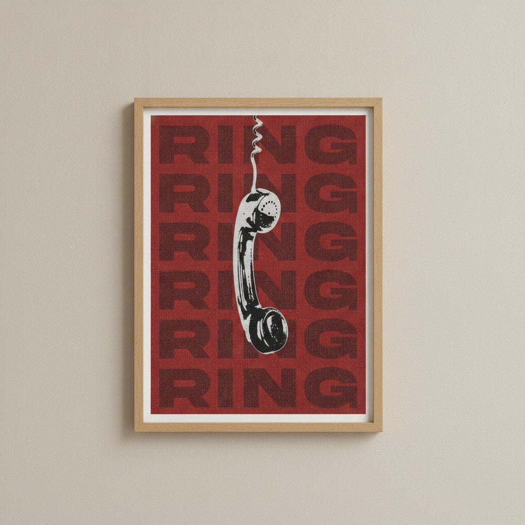 Vintage telefon posteri, bej duvarda ahşap çerçeveli sade görünüm