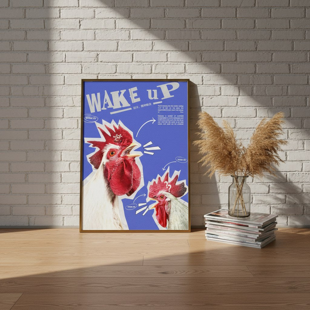 Wake Up horoz posteri, beyaz tuğla duvarın önünde ahşap çerçeveli yere yaslanmış