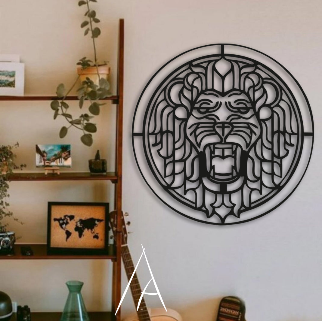 Geometrik aslan ahşap duvar dekoru, detaylı ürün fotoğrafı