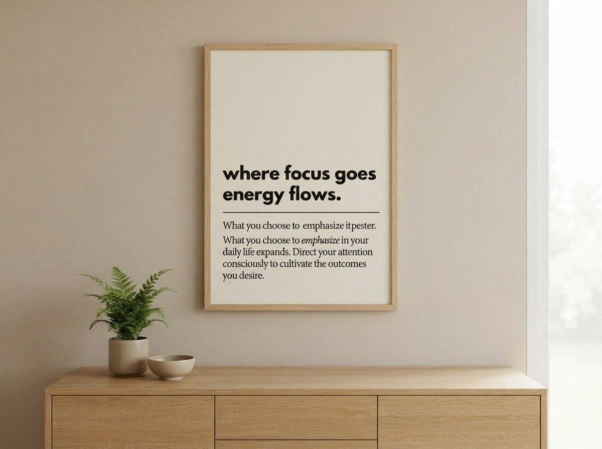 Where focus goes energy flows yazılı minimalist motivasyon posteri, ahşap çerçeveli konsol üzerinde