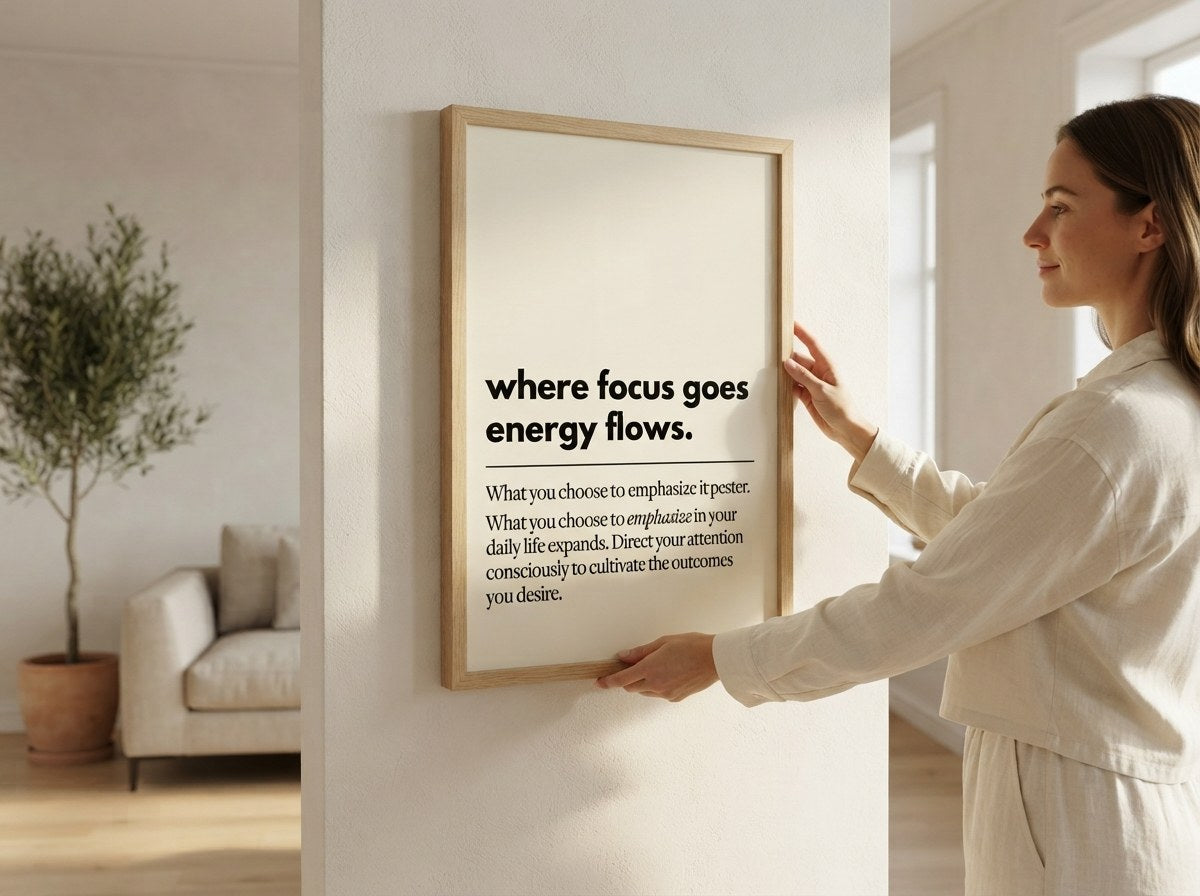 Where focus goes energy flows posteri, duvara asan kadın ile ölçü karşılaştırması