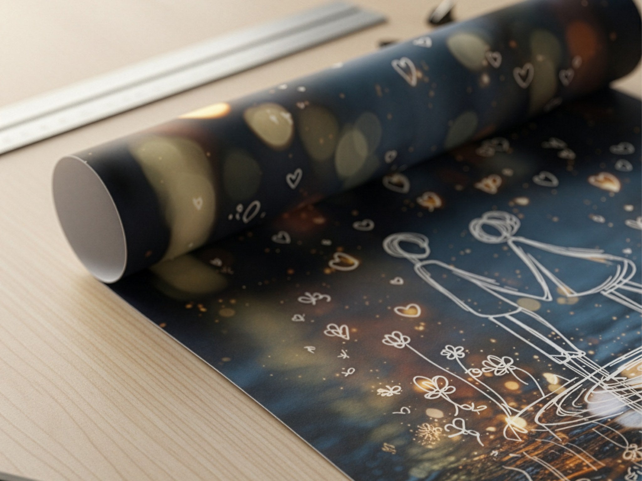 Romantik çift çizimi posteri, saksı bitkisinin yanında ahşap çerçeveli duvara yaslanmış