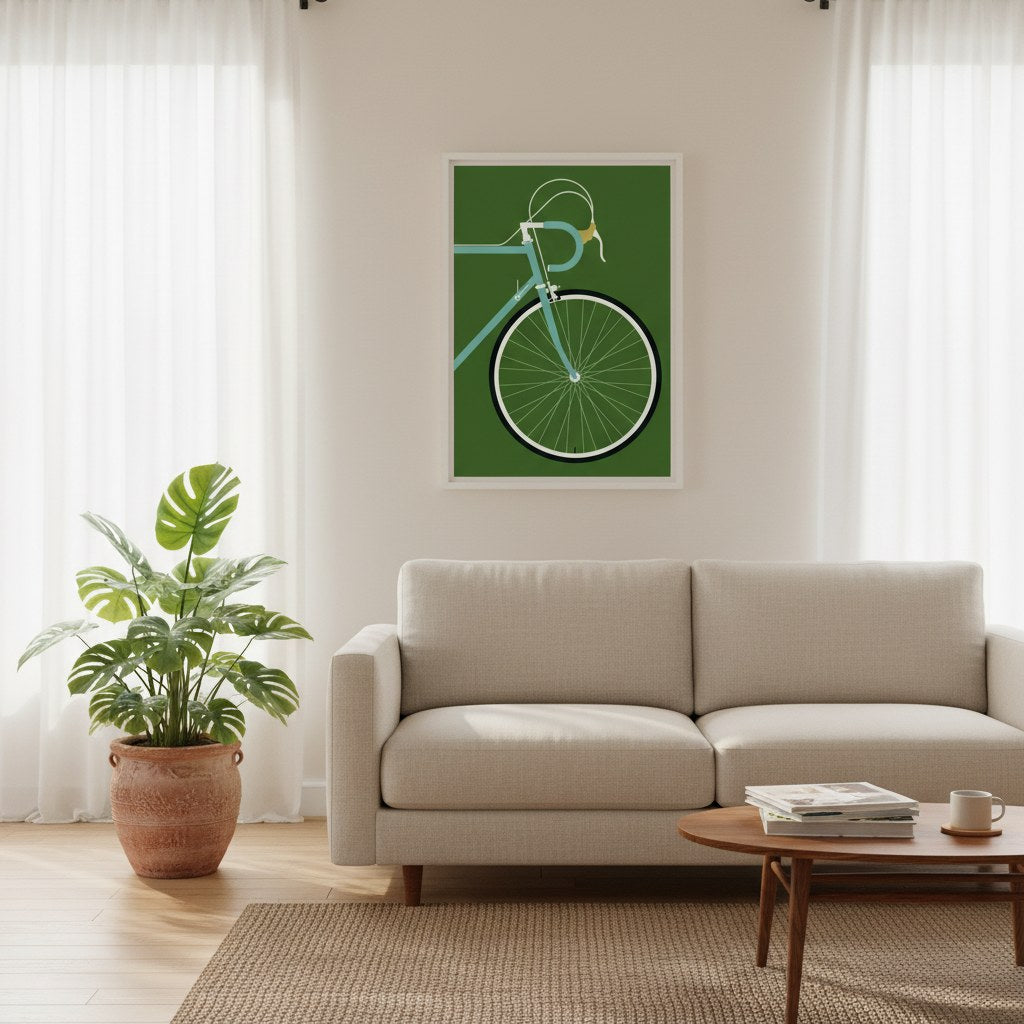 Minimalist bisiklet posteri, salonda krem kanepenin üzerinde beyaz çerçeveli