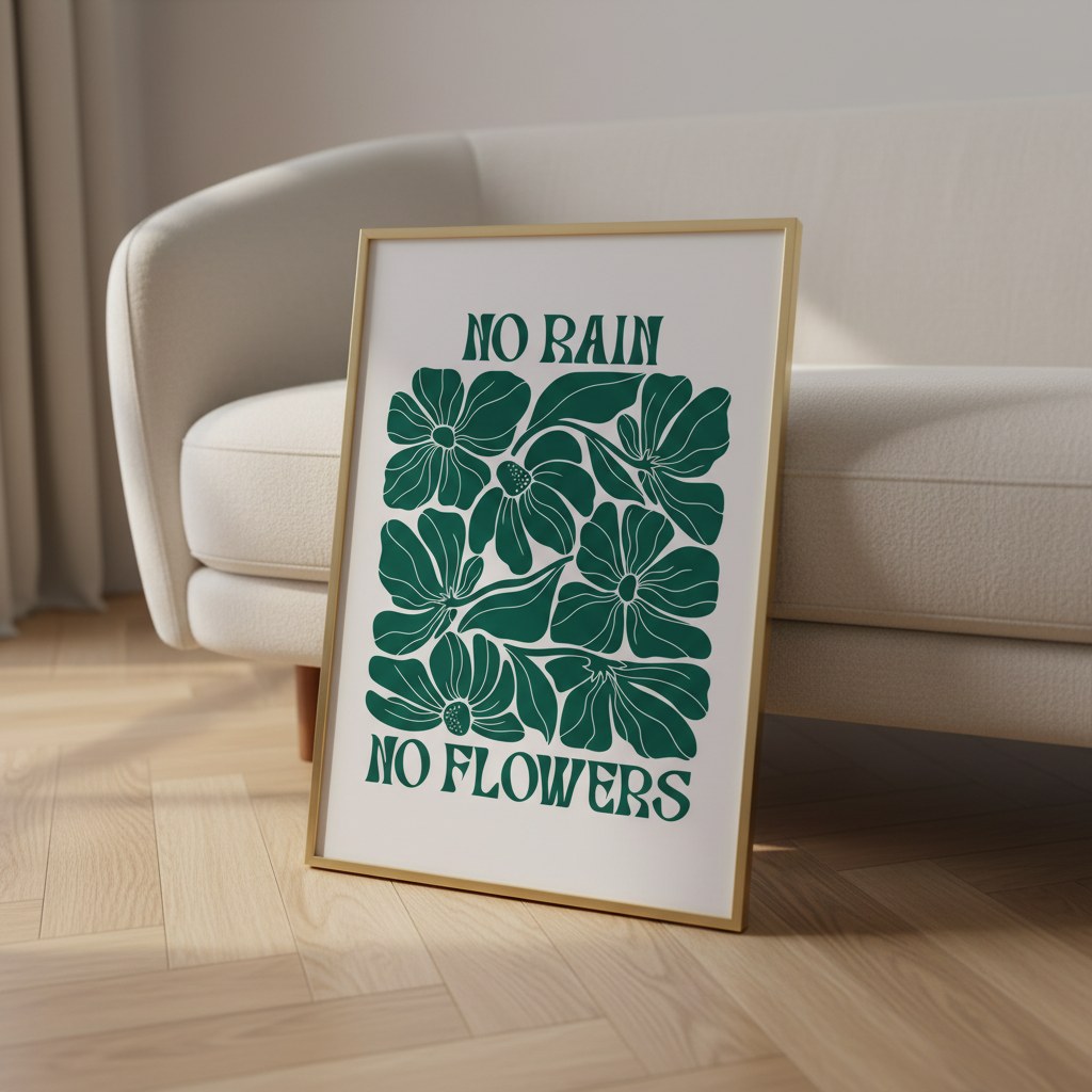 No rain no flowers posteri, kanepenin yanında yere yaslanmış ahşap çerçeveli