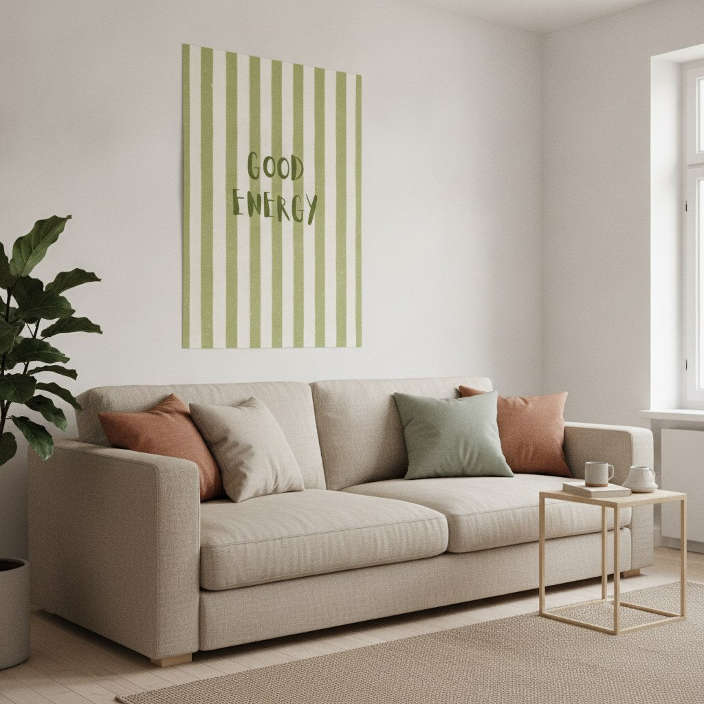 Good Energy posteri, salonda krem kanepenin üzerinde duvarda
