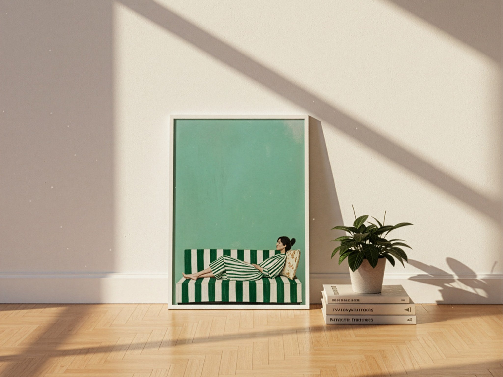 Yeşil minimalist poster, beyaz çerçevede parke zemine yaslanmış, yanında saksı ve kitaplar