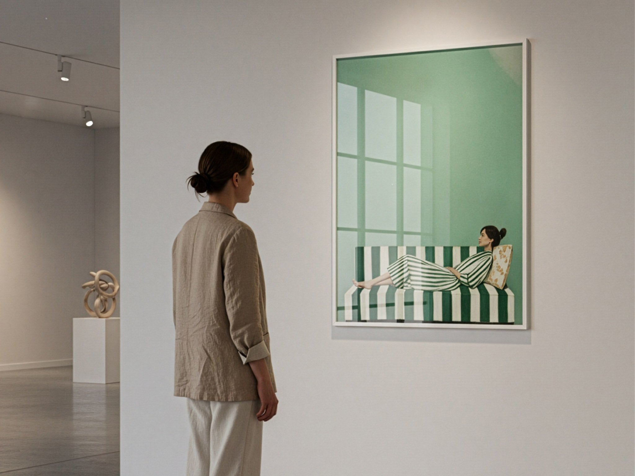 Yeşil minimalist poster, galeri duvarında çerçeveli; yanındaki kişi ölçeği gösteriyor
