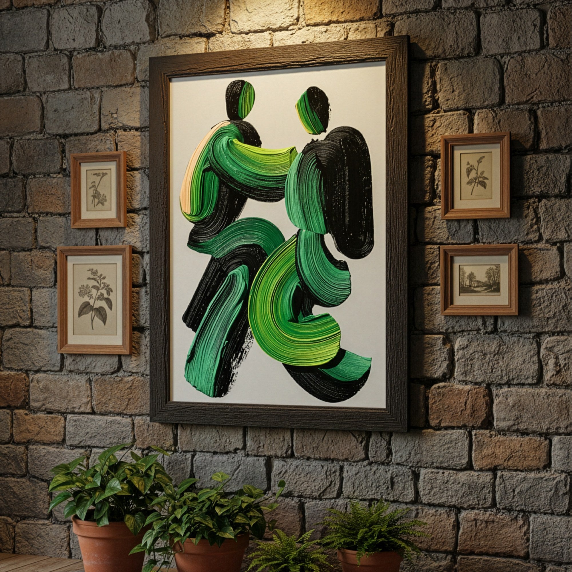 Yeşil soyut poster, taş duvarda koyu ahşap çerçeveli küçük tablolarla galeri düzeninde