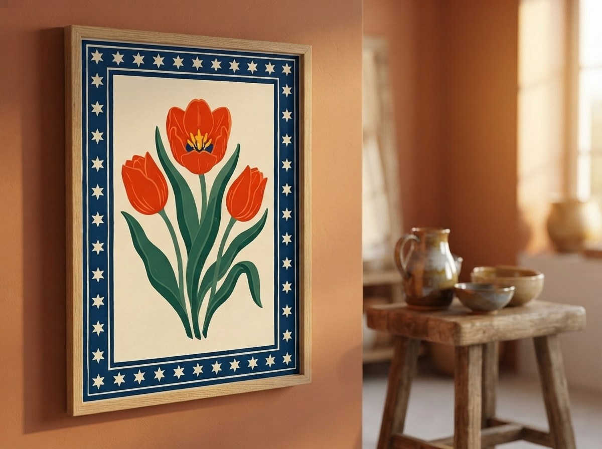 Yıldız bordürlü lale posteri, terrakota duvarda ahşap taburenin yanında açılı görünüm