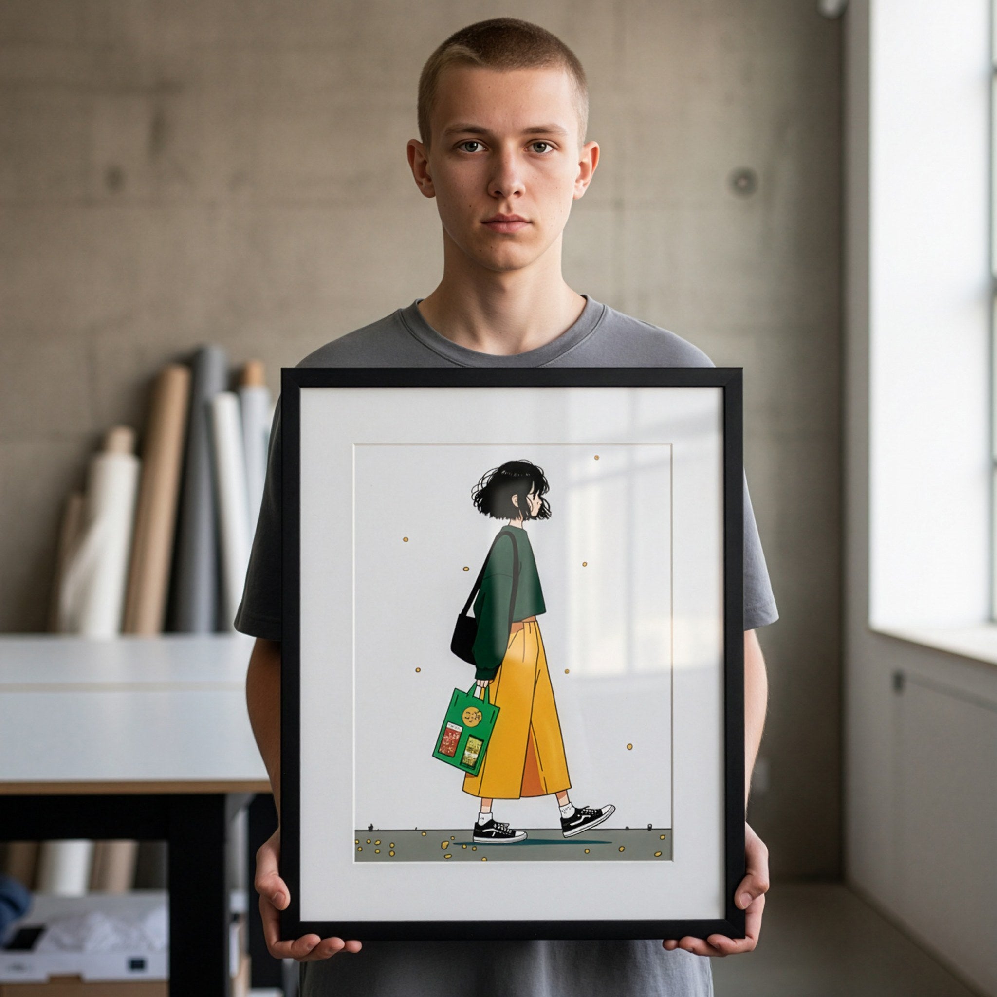 Anime kız posteri paspartulu siyah çerçevesiyle elde tutularak ölçek gösterimi