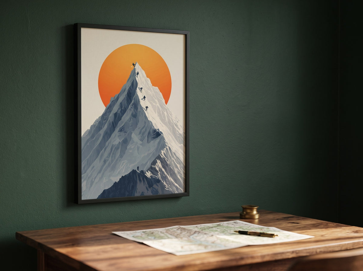 Minimalist dağcılık posteri, koyu yeşil duvarda harita serili ahşap çalışma masasının üzerinde