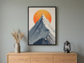 Mountaineers Climbing to the Summit and Orange Sun Minimalist Poster