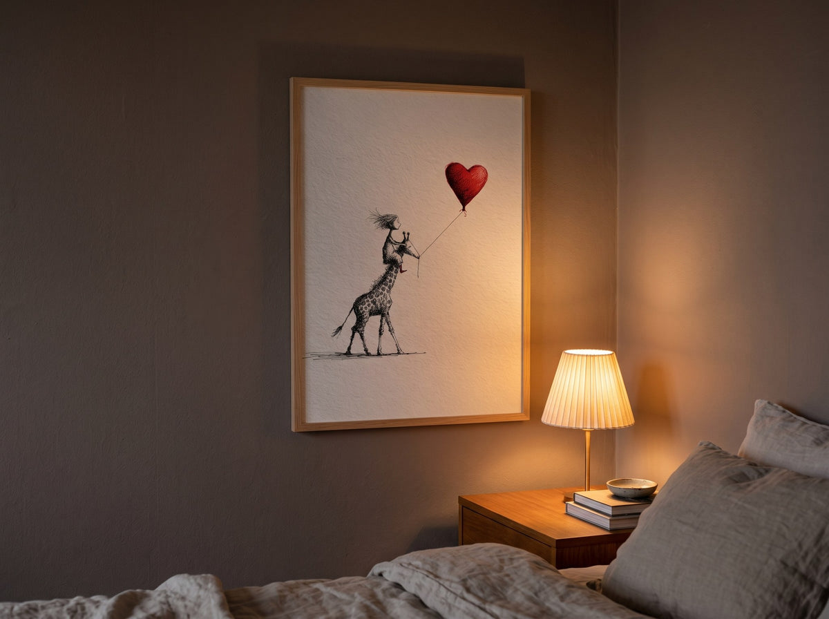 Minimalist zürafa ve kırmızı balon posteri, yatak odasında abajurun sıcak ışığı altında akşam saatinde